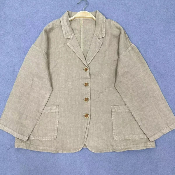 Vintage Linen Jacket Women Loose Casual Button Pocket Coat Spring - Image 5