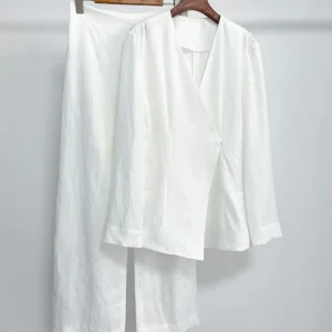 100% Linen Women's Jacket And Pants Set With Covered Buttons