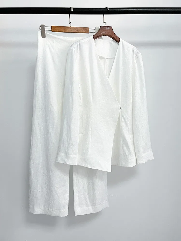100% Linen Women's Jacket And Pants Set With Covered Buttons