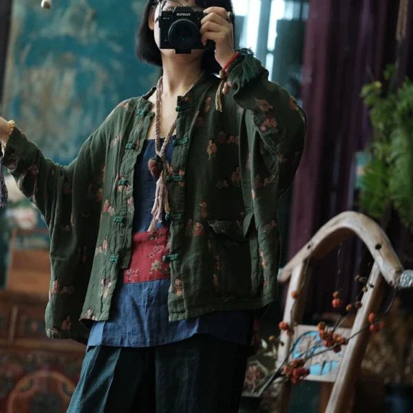 2025 Spring Autumn Casual Floral Cotton Linen Loose Women's Jacket - Image 2