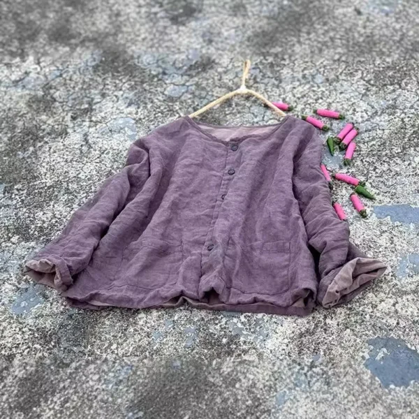Women Loose Linen Vintage Jacket Ladies Spring Autumn Coat Female Flax Tops - Image 4