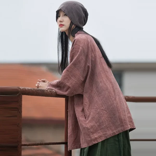 Women’s Cotton Linen Jacket Vintage Loose V-Neck Autumn Coat - Image 2