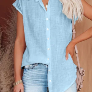 Summer Women’s Cotton Linen Loose Short Sleeve Solid Color Blouse