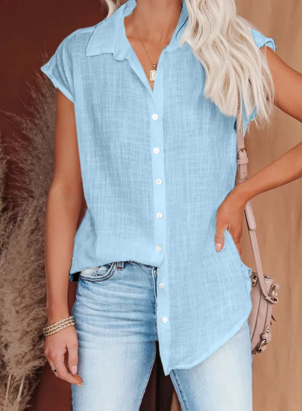 Summer Women’s Cotton Linen Loose Short Sleeve Solid Color Blouse