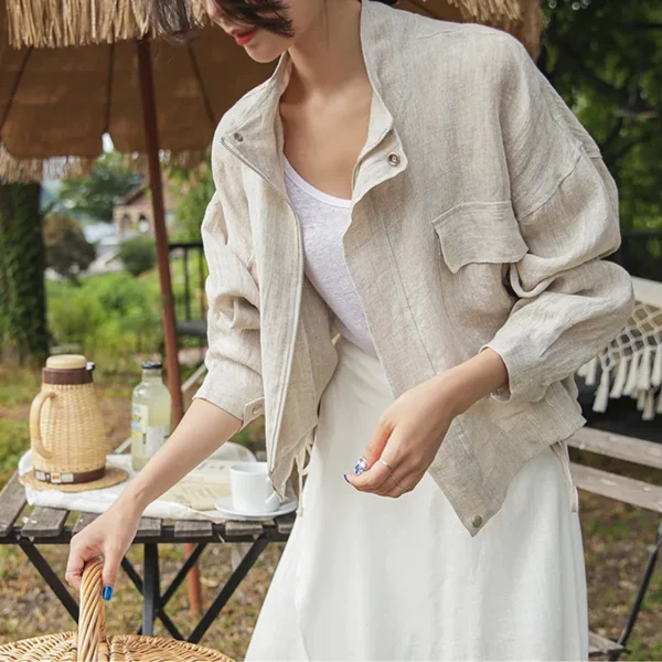 Cotton Linen Women's Cargo Jacket With Pockets Casual Outwear Coat