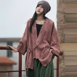 Women’s Cotton Linen Jacket Vintage Loose V-Neck Autumn Coat