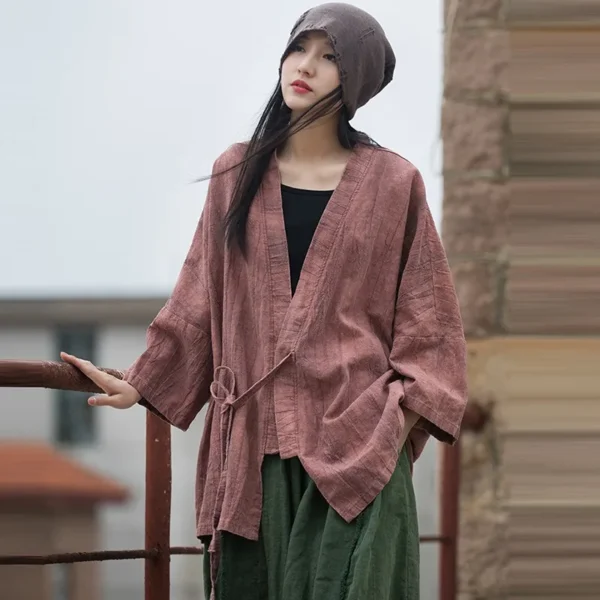 Women’s Cotton Linen Jacket Vintage Loose V-Neck Autumn Coat
