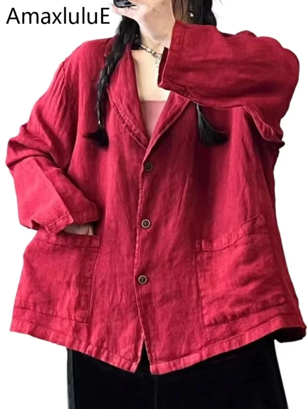 Summer Korean Linen Blazer Women Loose Vintage Casual Cotton Coat
